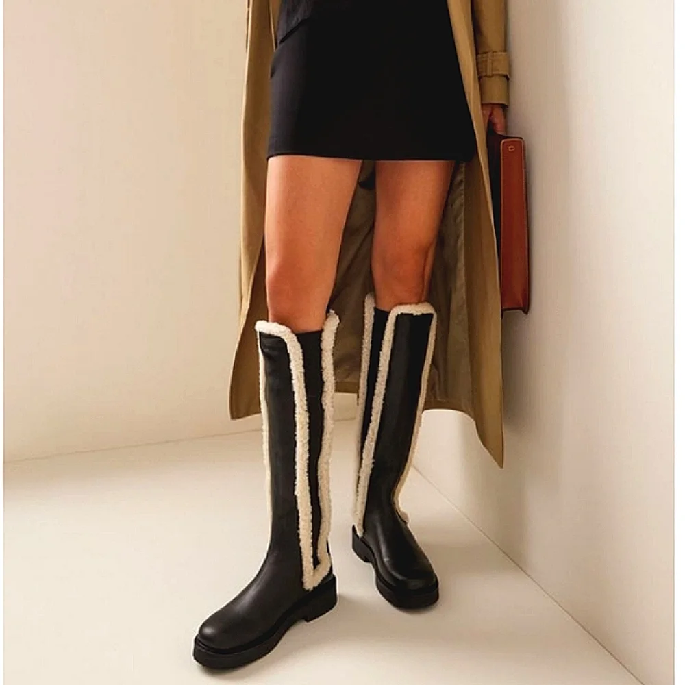 NWT$495 STAUD Women's Palamino Shearling Trim Black Cream Riding Boots Sz 36, 6 - Picture 2 of 16